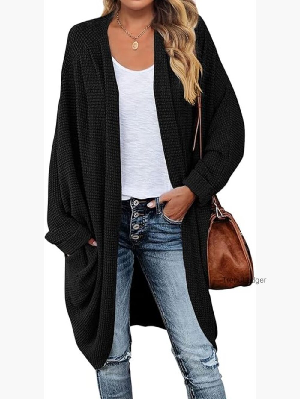 Waffle Knit Batwing Cardigan Long Sleeve Open Front Sweater Coat Loose Fit